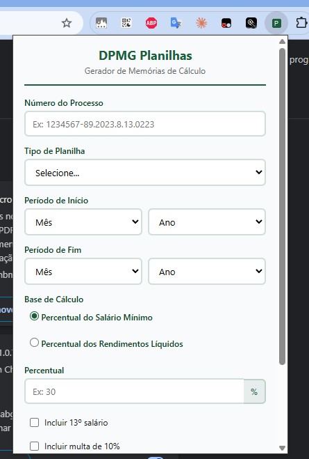 Visualização da extensão Planilhas
