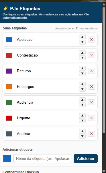 Visualização da extensão PJe Etiquetas - Tela 2