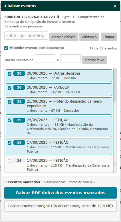 Painel Baixar eventos com o numero do processo, o filtro, os botoes Marcar visiveis, Ultimos 5 e Limpar, cinco eventos marcados com data, tamanho e tipo de documento e, embaixo, os botoes Baixar PDF unico dos eventos marcados e Baixar processo integral