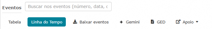 Barra de abas do processo com os botões Tabela e Linha do Tempo e, acrescentados pelos scripts, os botões Baixar eventos, Gemini, GED e Apoio, na mesma aparência, cada um com seu ícone