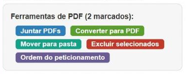 Barra Ferramentas de PDF com dois documentos marcados e os botoes Juntar PDFs, Converter para PDF, Mover para pasta, Excluir selecionados e Ordem do peticionamento