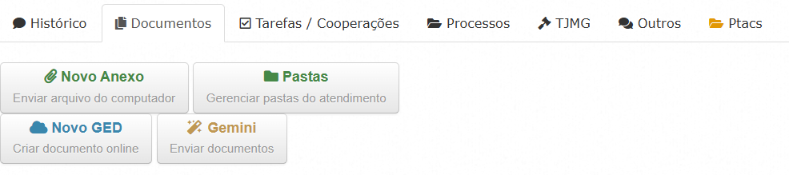 Aba Documentos do atendimento com os botoes Novo Anexo, Pastas, Novo GED e, acrescentado pelo script, Gemini - Enviar documentos