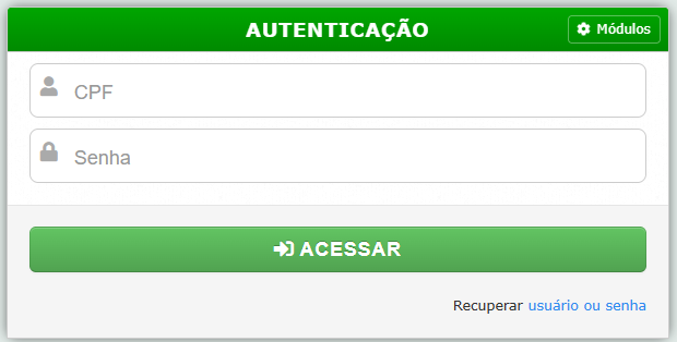 Tela de login do SOLAR: o cartao AUTENTICACAO com os campos de CPF e senha, e o botao Modulos, com a engrenagem, acrescentado pelo script