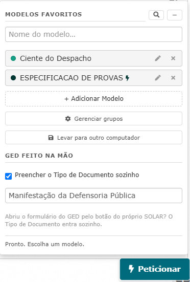 Menu dos modelos favoritos do botao Peticionar: cada modelo num botao cinza com uma bolinha na cor escolhida para ele, e os icones de editar, excluir e procurar