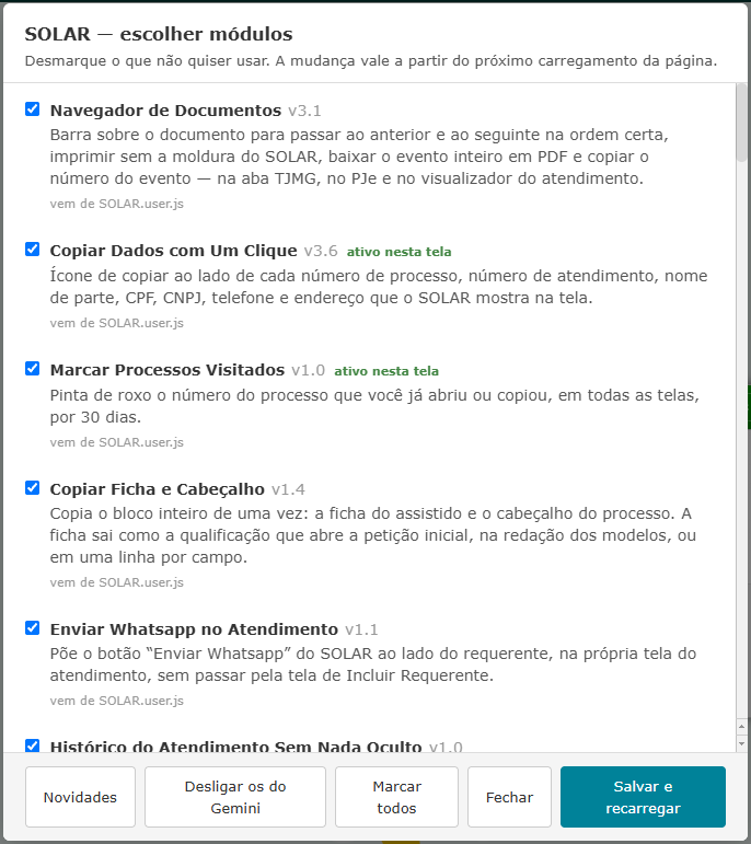 Janela SOLAR, escolher modulos, com uma caixa de marcacao e uma linha de descricao por modulo e, embaixo, os botoes Novidades, Desligar os do Gemini, Marcar todos, Fechar e Salvar e recarregar