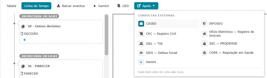 Menu Apoio aberto na barra do processo, com o titulo Consultas externas e, em duas colunas, cada um com seu icone, CAGED, INFOSEG, CRC, Oficio Eletronico, SIEL, SSC, SIDS, CORE e Gemini